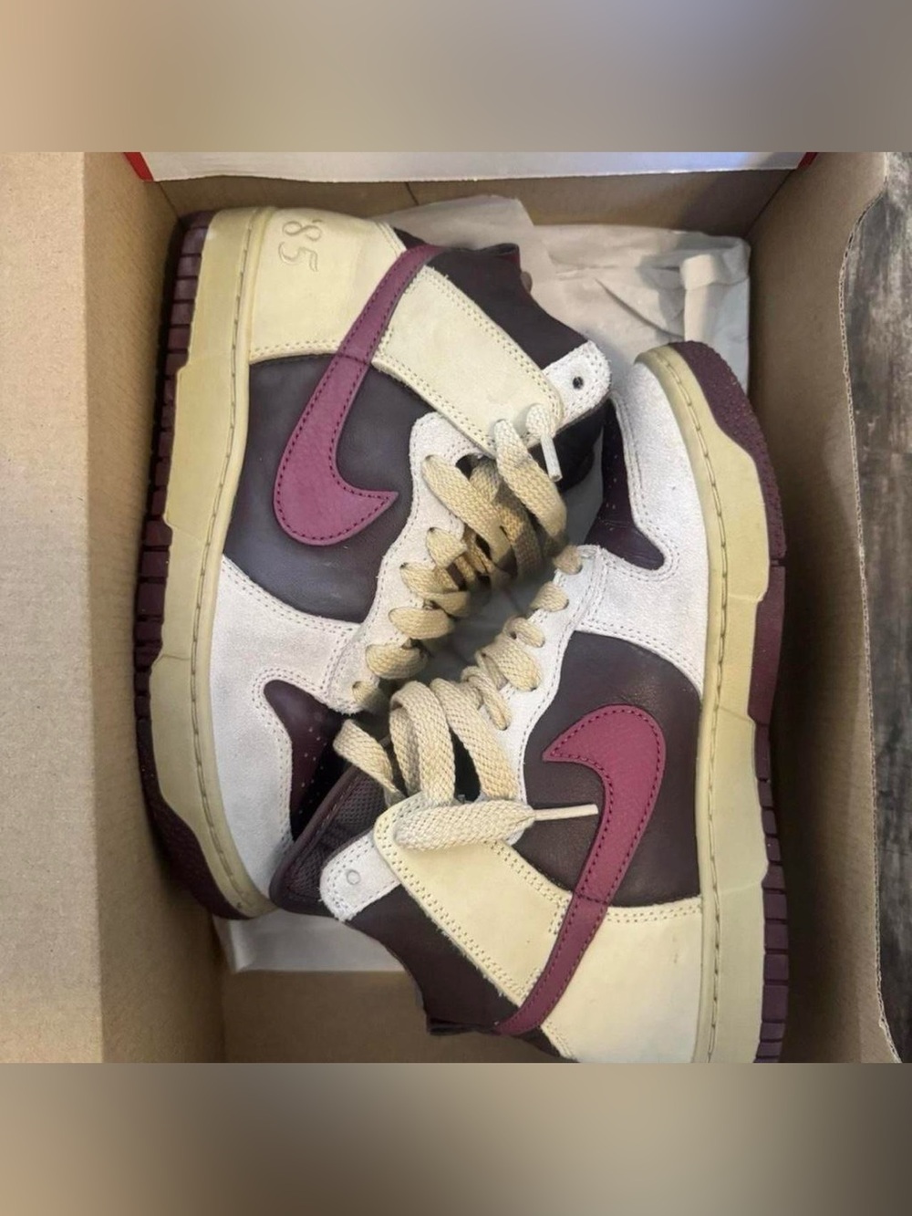 Nike Dunk High 1985 in Cream, Burgundy & Plum Accent women’s 7.5